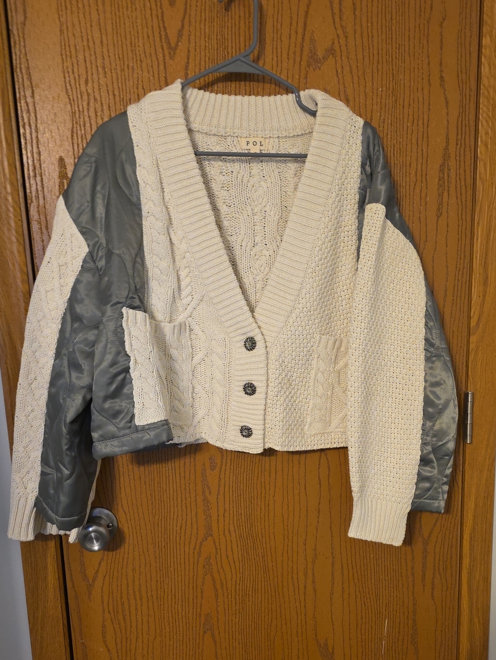 POL Cream Cable Knit V-Neck Jacket with Gray Quilted Sleeves Ptp 27, L 21 NWOT